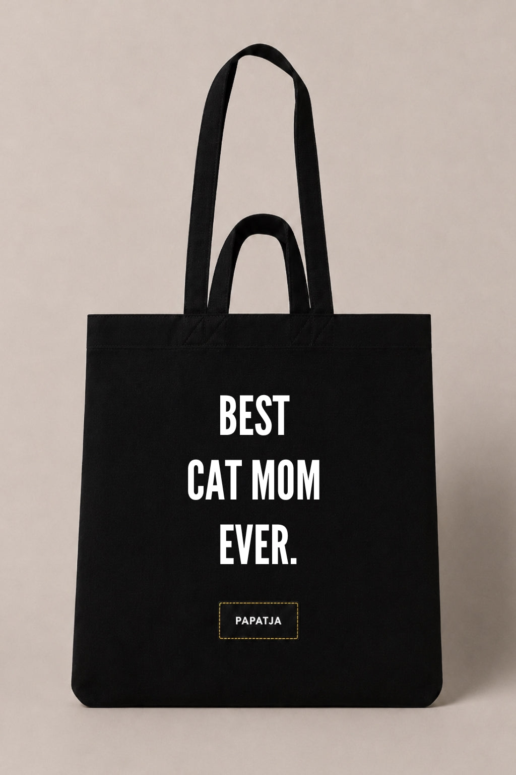 Black cotton PAPATJA tote bag with the quote Best Cat Mom Ever, a lovely gift for cat moms and cat lovers.