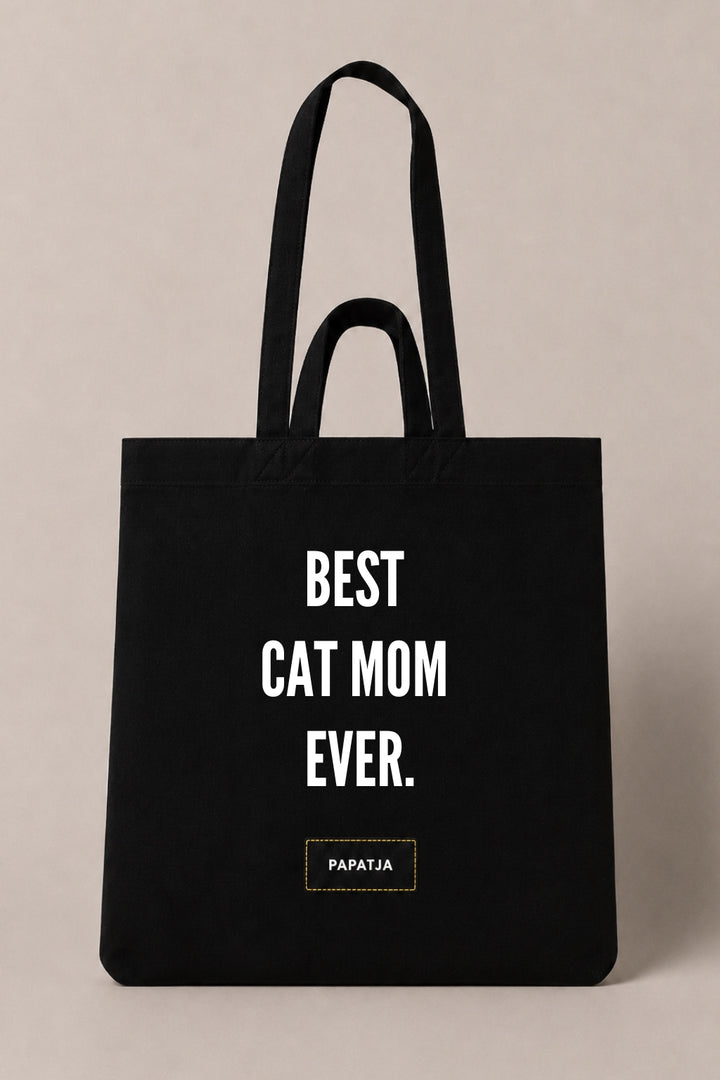 Black cotton PAPATJA tote bag with the quote Best Cat Mom Ever, a lovely gift for cat moms and cat lovers.