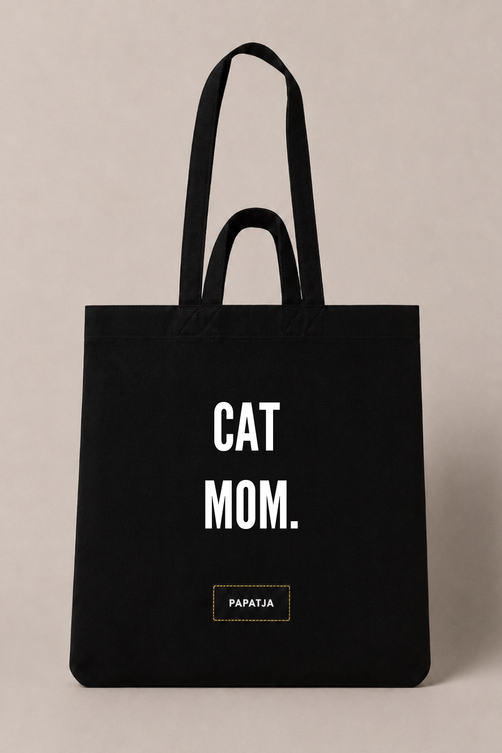 Black cotton PAPATJA tote bag with the quote Cat Mom, a lovely gift for proud cat moms and cat lovers.