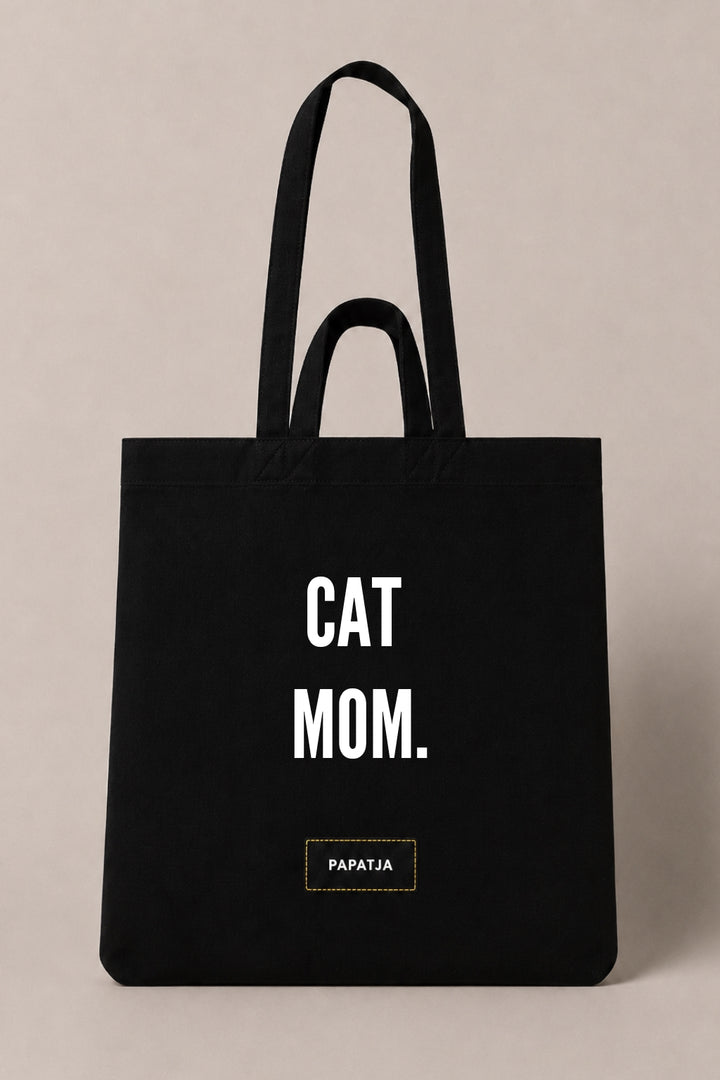 Black cotton PAPATJA tote bag with the quote Cat Mom, a lovely gift for proud cat moms and cat lovers.