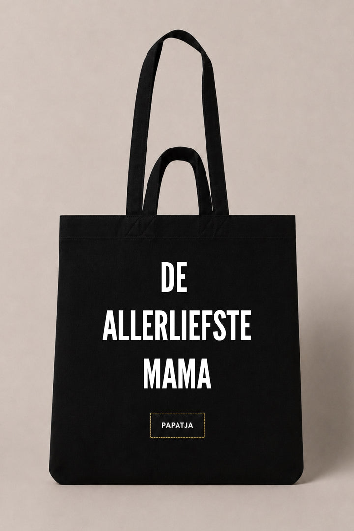 Zwarte katoenen PAPATJA tas met de tekst De allerliefste mama.