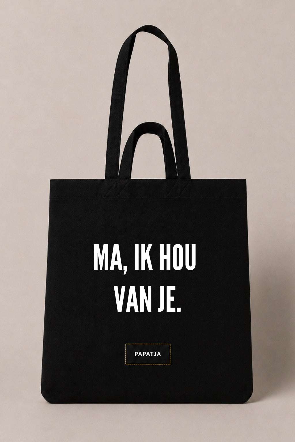 Zwarte katoenen PAPATJA tas met de tekst Ma, ik hou van je.