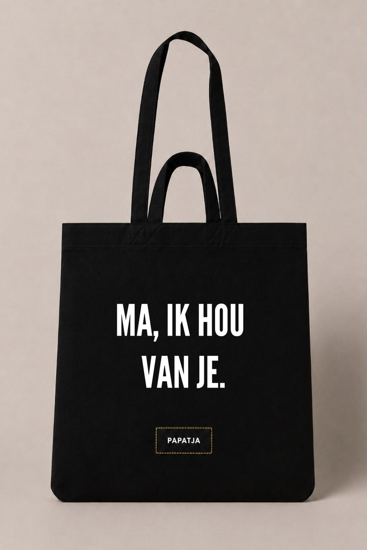 Zwarte katoenen PAPATJA tas met de tekst Ma, ik hou van je.