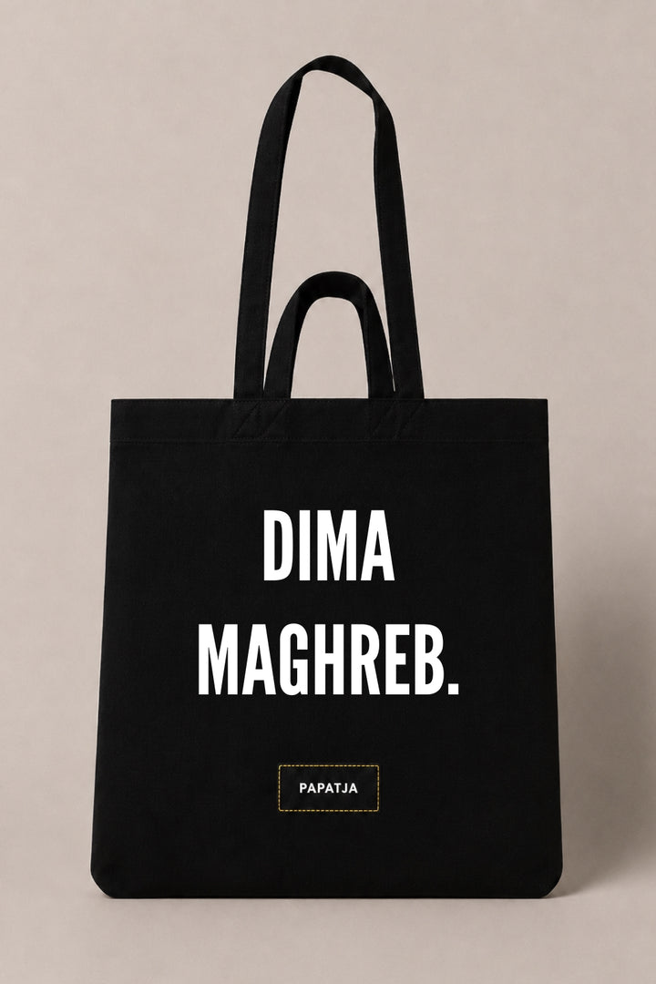 Zwarte katoenen PAPATJA tas met de tekst Dima Maghreb, voor trotse Marokko fans en supporters van de Atlas Leeuwen.