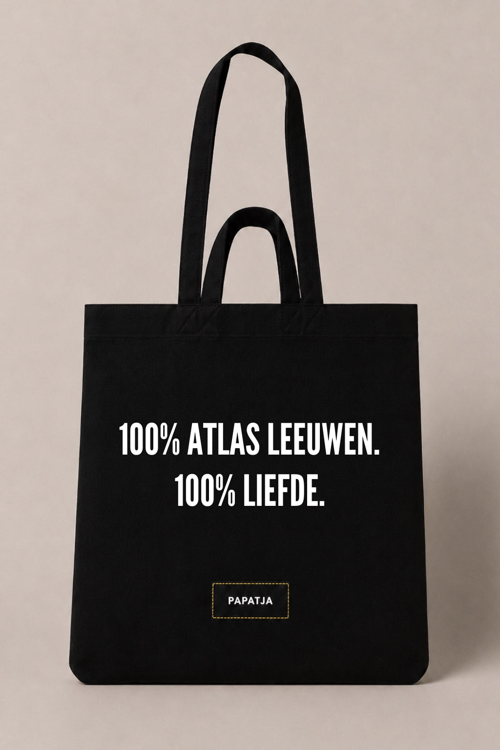 Zwarte katoenen PAPATJA tas met de tekst 100% Atlas Leeuwen. 100% liefde., voor Marokko fans en supporters van de Atlas Leeuwen.
