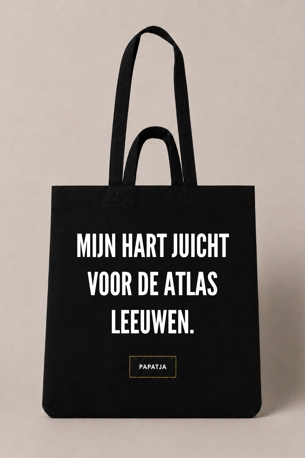 Zwarte katoenen PAPATJA tas met de tekst Mijn hart juicht voor de Atlas Leeuwen, voor Marokko fans en supporters van de Atlas Leeuwen.