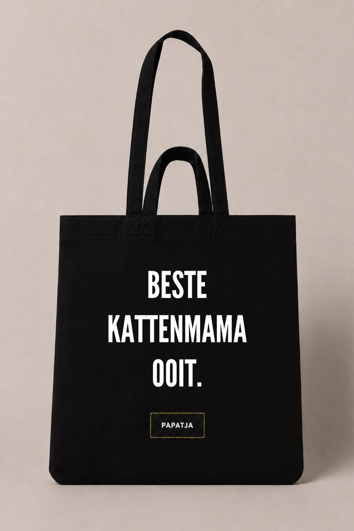 Zwarte katoenen PAPATJA tas met de tekst Beste kattenmama ooit, leuk cadeau voor kattenmama’s en kattenliefhebbers.