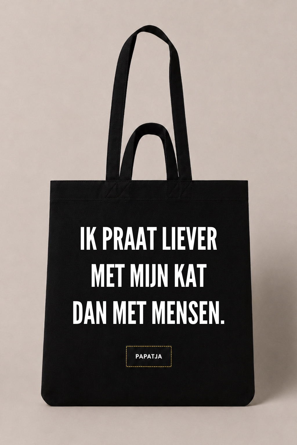 Zwarte katoenen PAPATJA tas met de tekst Ik praat liever met mijn kat dan met mensen, leuk cadeau voor kattenliefhebbers met humor.