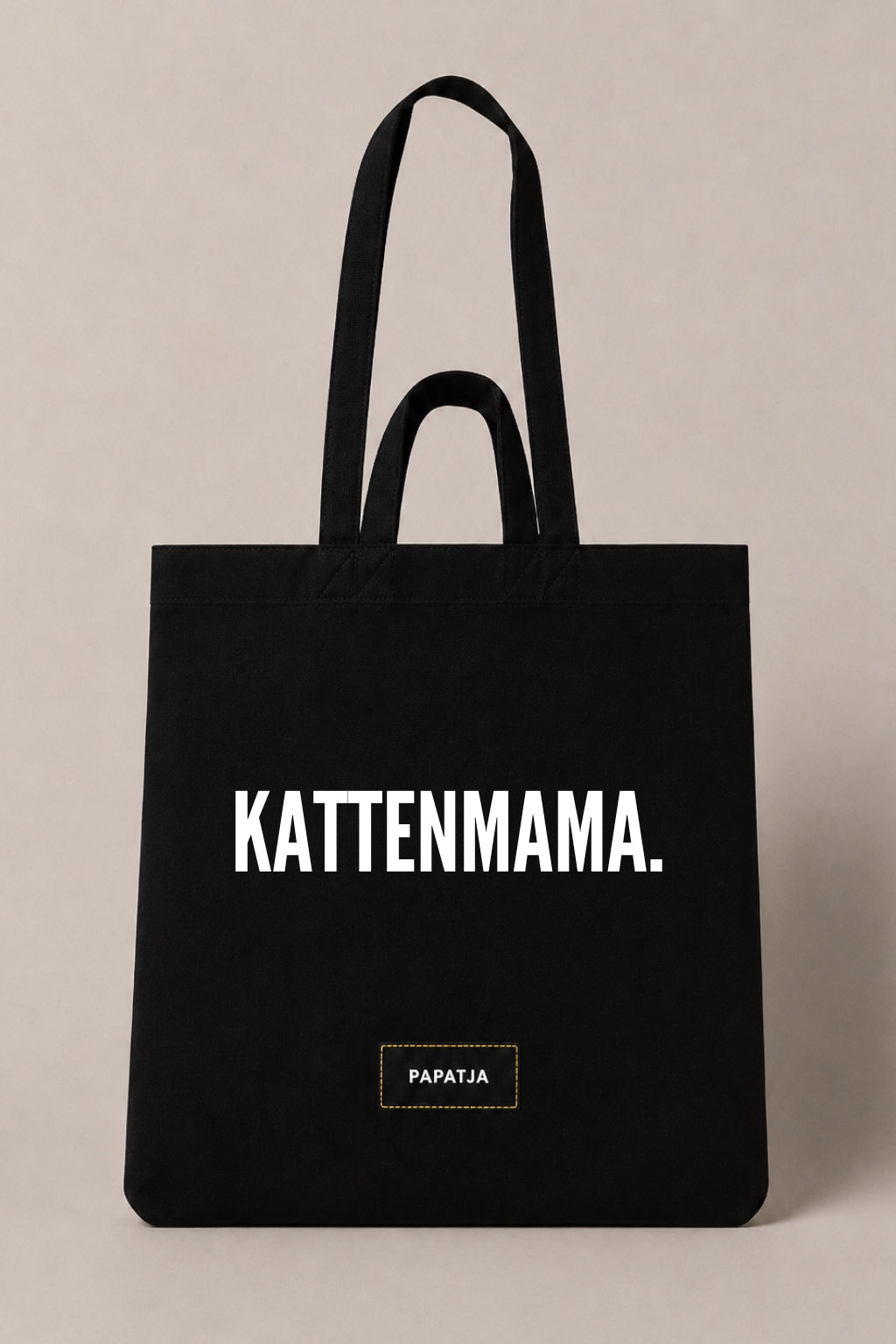 Zwarte katoenen PAPATJA tas met de tekst Kattenmama, leuk cadeau voor een trotse kattenmama of kattenliefhebber.
