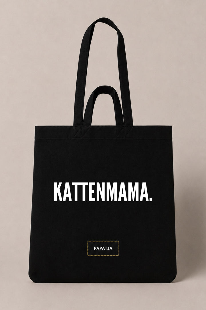 Zwarte katoenen PAPATJA tas met de tekst Kattenmama, leuk cadeau voor een trotse kattenmama of kattenliefhebber.