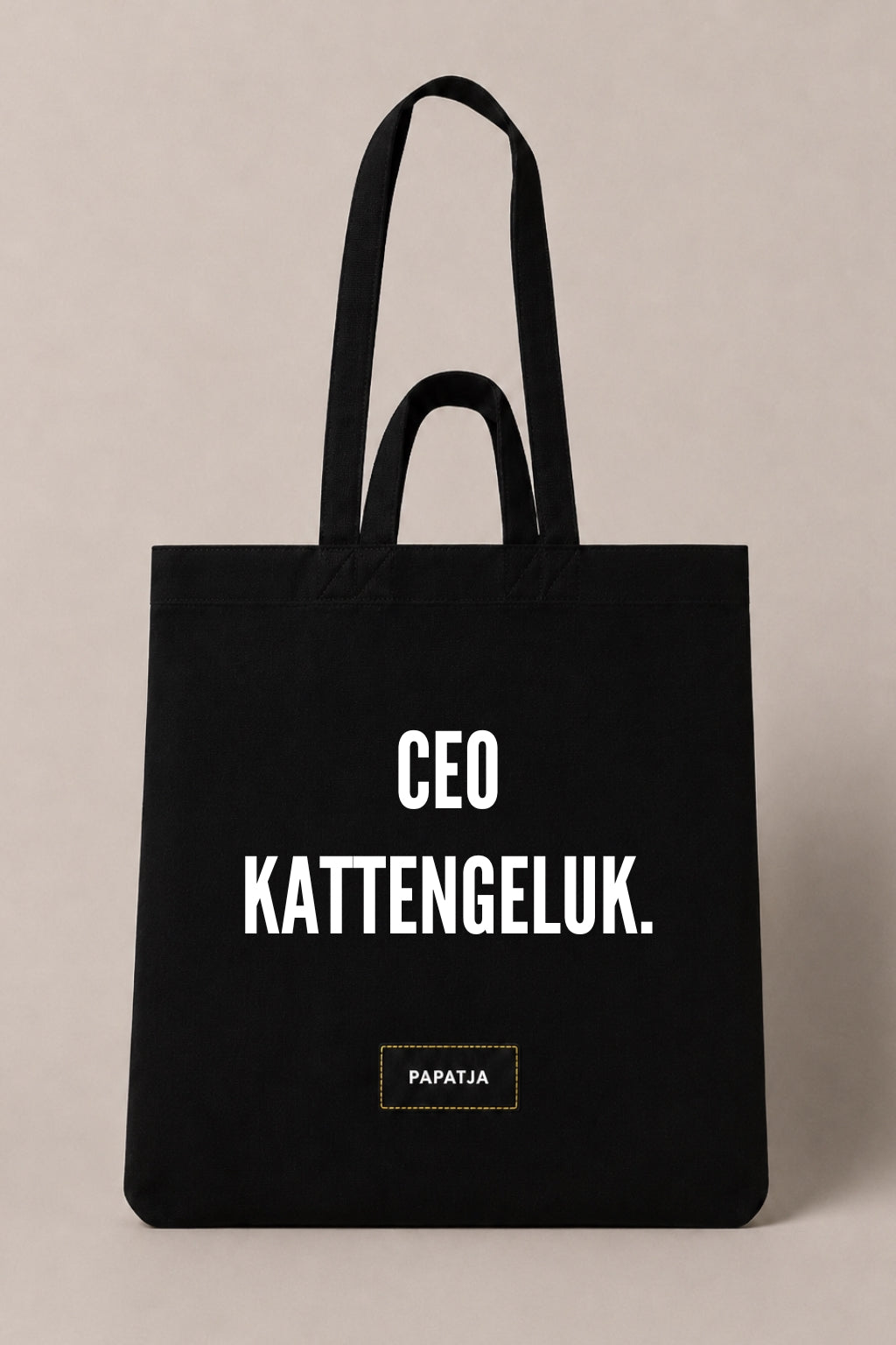 Zwarte katoenen PAPATJA tas met de tekst CEO kattengeluk, leuk cadeau voor kattenliefhebbers en kattenmama’s.