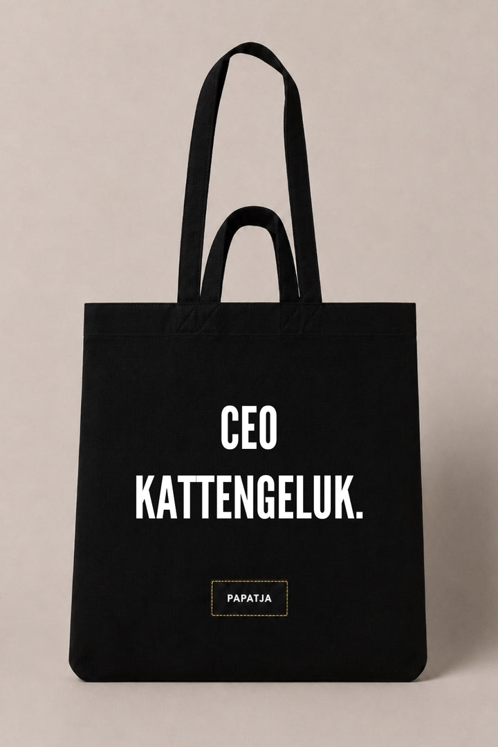 Zwarte katoenen PAPATJA tas met de tekst CEO kattengeluk, leuk cadeau voor kattenliefhebbers en kattenmama’s.