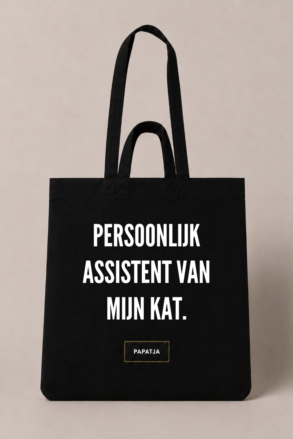 Zwarte katoenen PAPATJA tas met de tekst Persoonlijk assistent van mijn kat, leuk cadeau voor kattenliefhebbers met humor.
