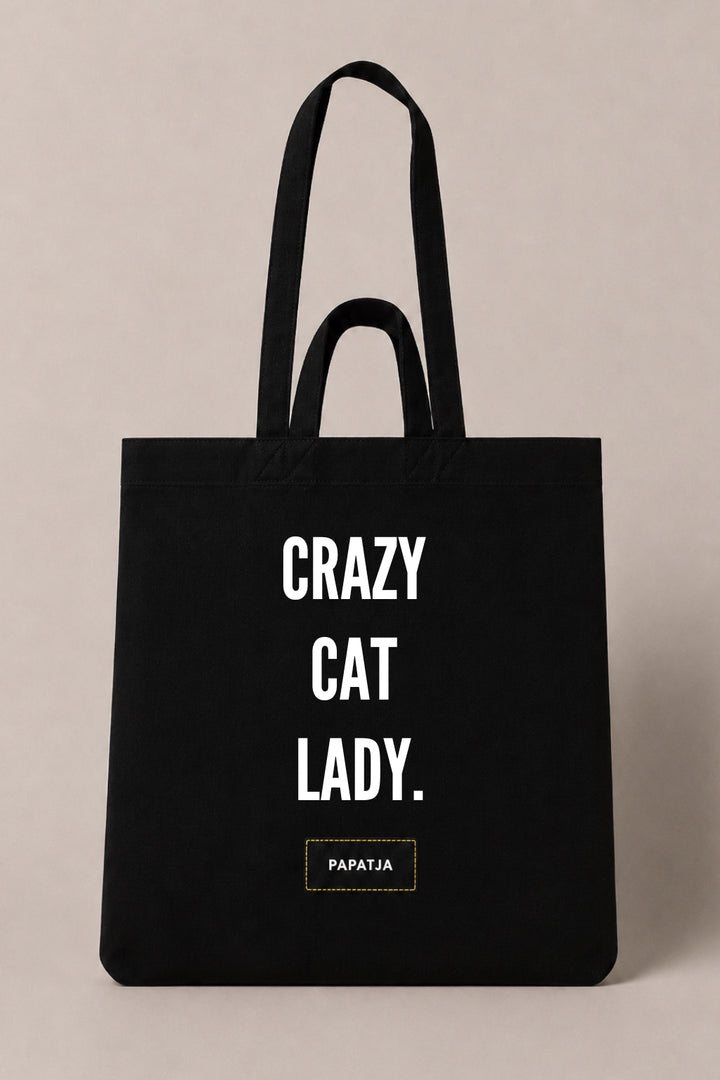Zwarte katoenen PAPATJA tas met de tekst Crazy Cat Lady, leuk cadeau voor kattenliefhebbers met humor.
