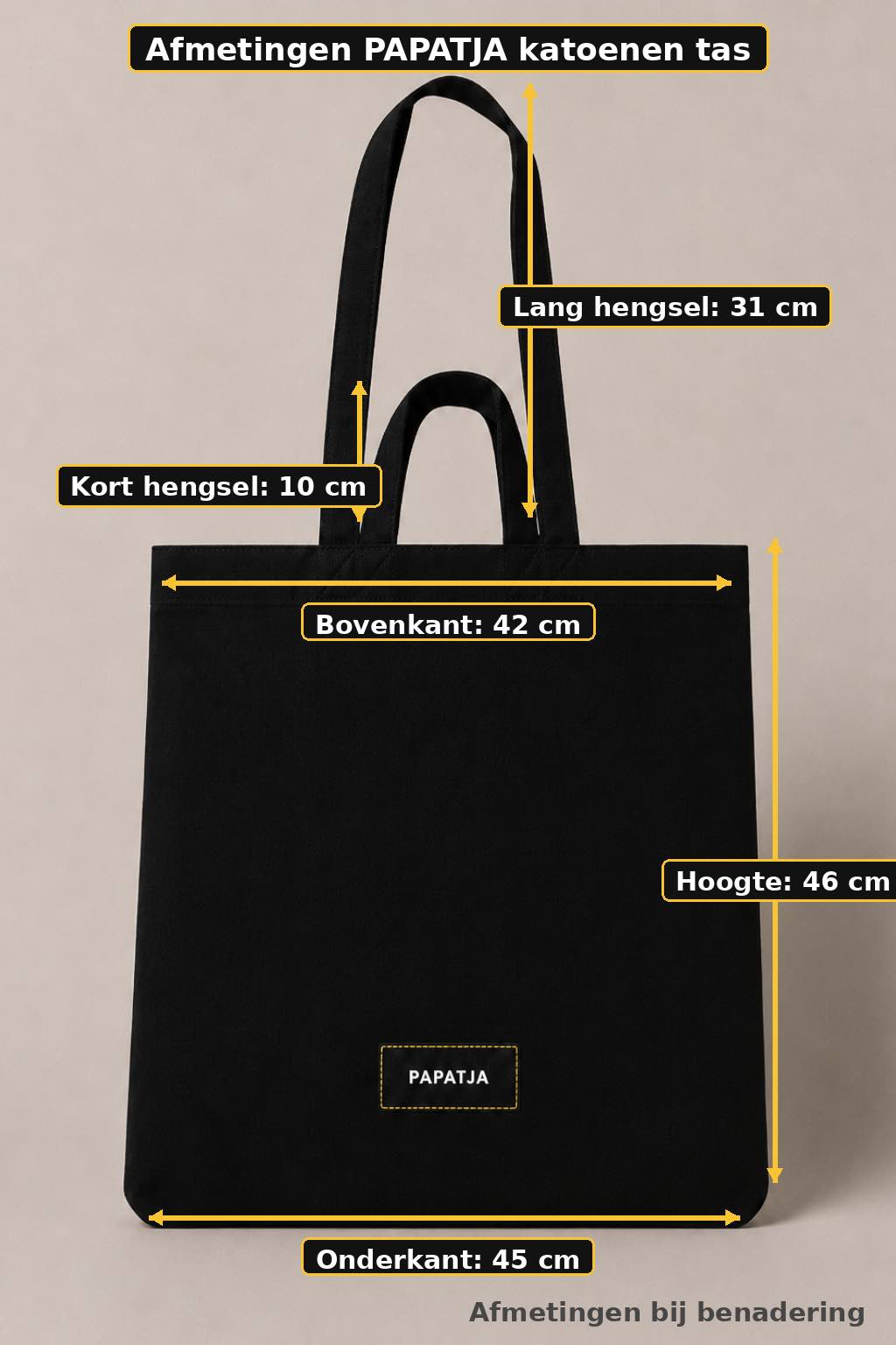 Zwarte PAPATJA katoenen tas met afmetingen en maattabel voor hengsellengte, breedte en hoogte.
