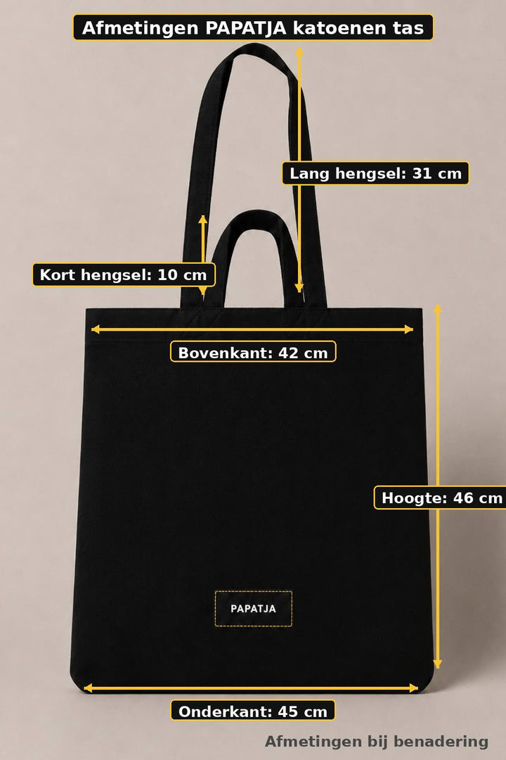 Zwarte PAPATJA katoenen tas met afmetingen en maattabel voor hengsellengte, breedte en hoogte.