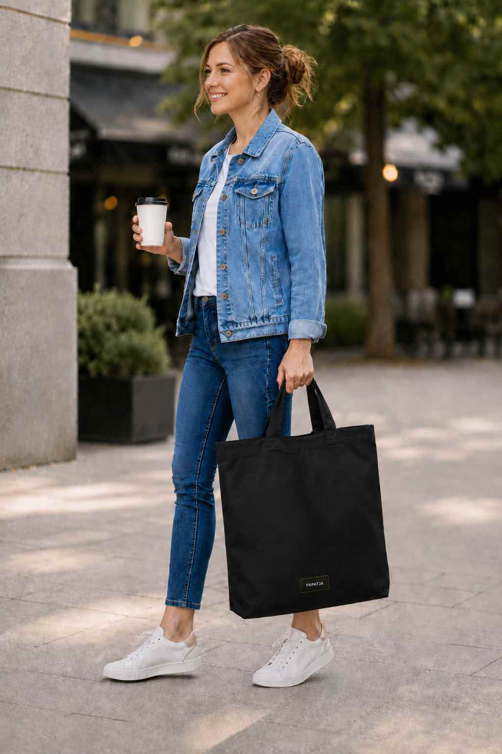 Vrouw met een zwarte PAPATJA katoenen tas met tekst, gestyled als cadeau voor dagelijks gebruik.