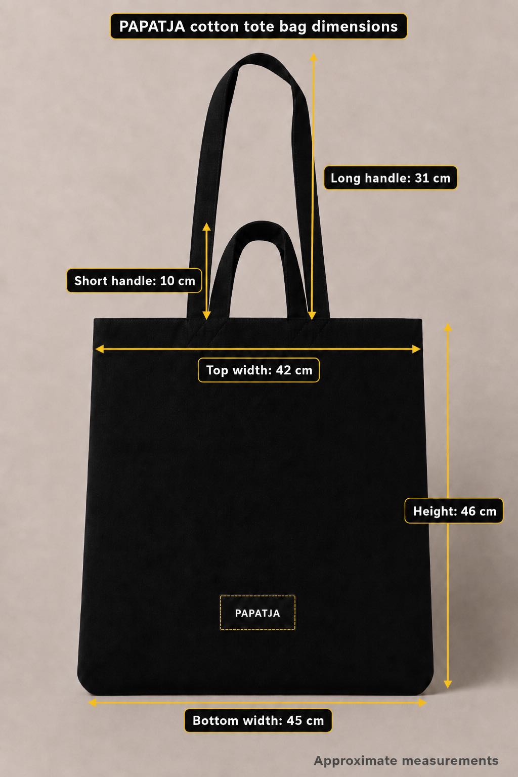Black PAPATJA cotton tote bag with dimensions and size guide for handle length, width and height.
