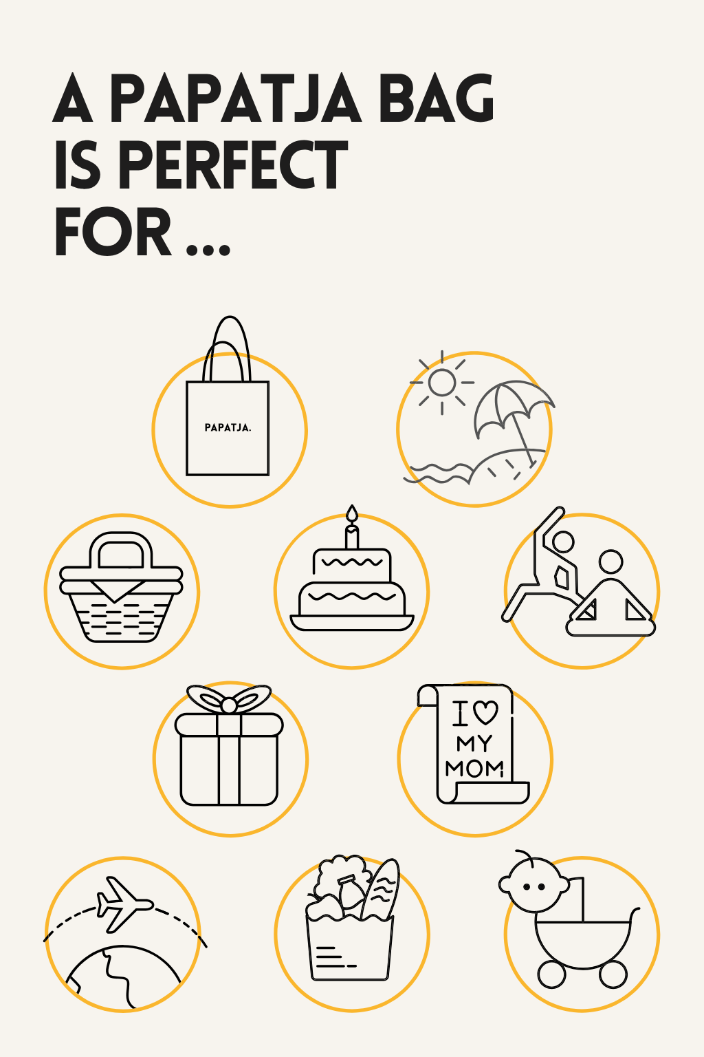 PAPATJA tote bag illustration showing different occasions for use and gifting, including everyday moments, birthdays, travel, groceries, motherhood and gifts.