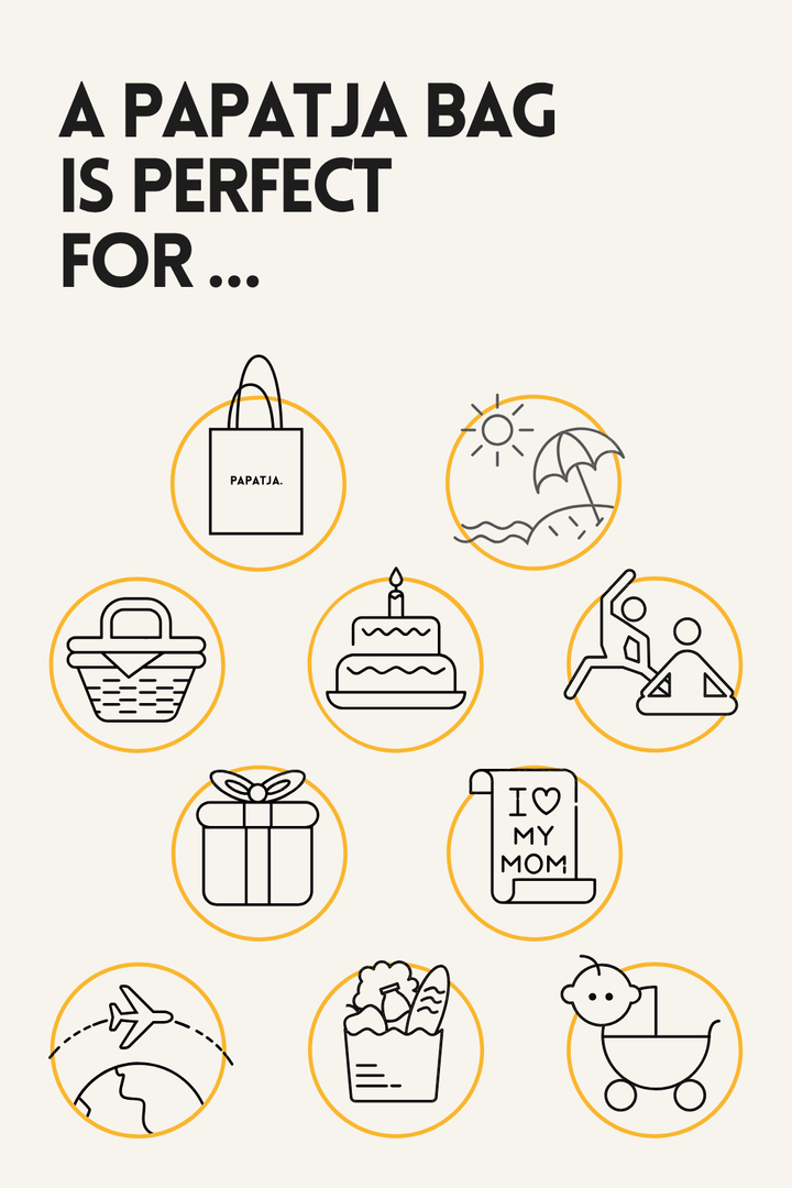 PAPATJA tote bag illustration showing different occasions for use and gifting, including everyday moments, birthdays, travel, groceries, motherhood and gifts.